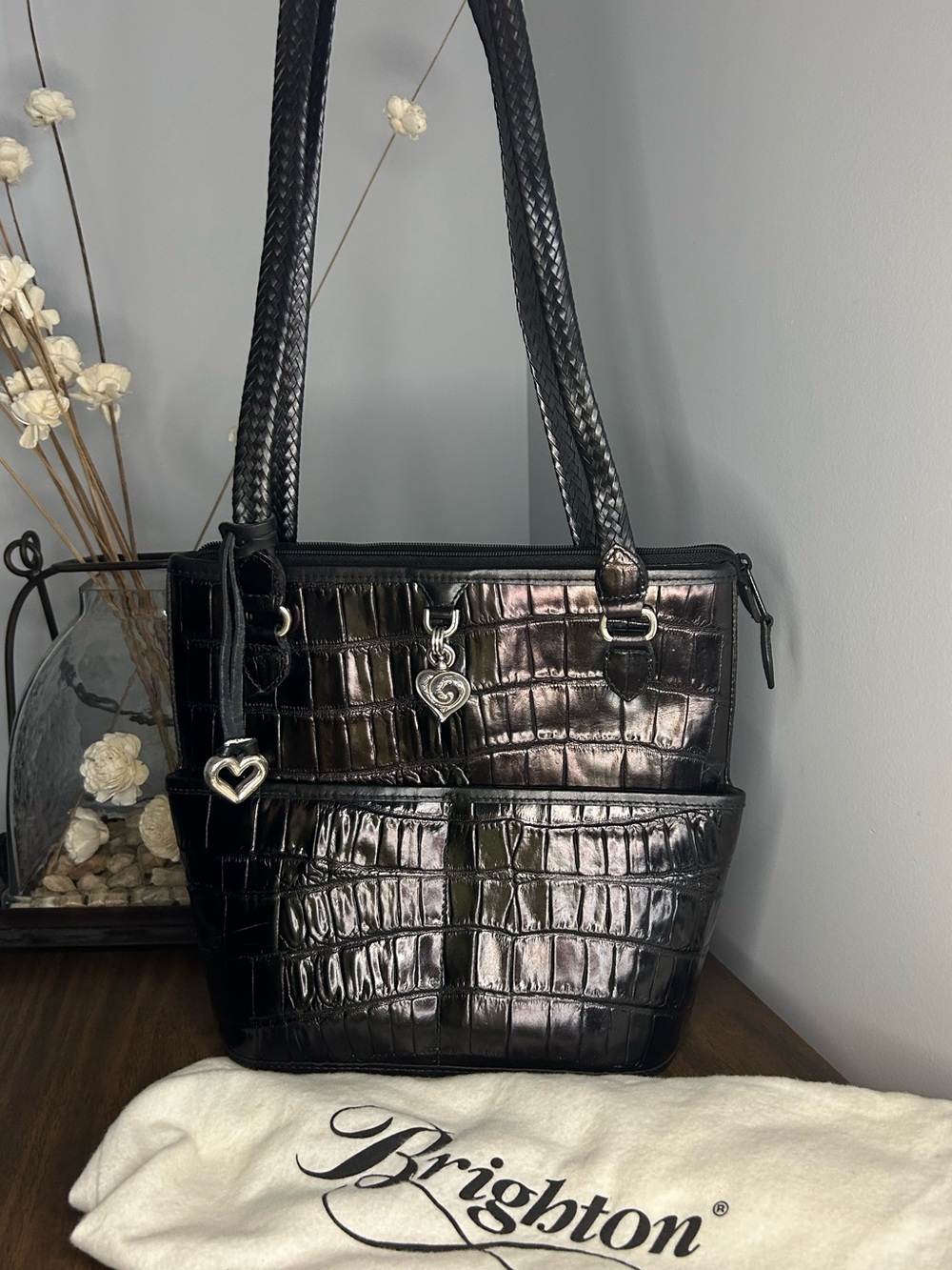 Brighton Retired Black Croc Embossed Leather Shoulder Bag Heart Charm